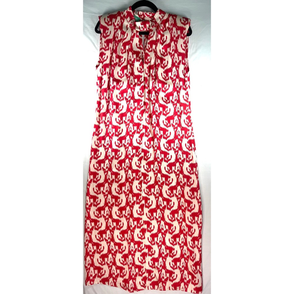 Misqui Red Cream Ikat Print Sleeveless High Neck Midi Dress with Keyhole Cutout